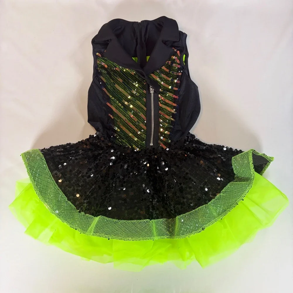 Weissman Kids Sequin Dance Costume Neon Green Black Jazz Tutu Dress MC